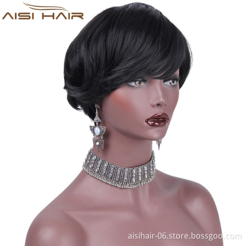 Synthetic Short Wavy Pixie Cut Wig With Bangs Natural Black Color Heat Resistant Fiber Wigs For African American Women